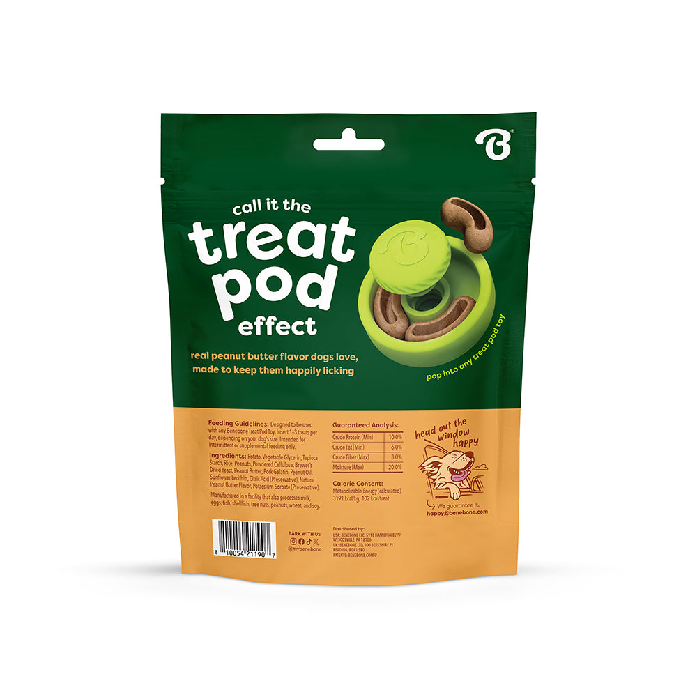 A Benebone Treat Pod for Tongue Twister dog treat package features images of brown treats and a green Treat Pod, highlighting its delicious peanut butter flavor that’s sure to challenge your dog’s taste buds. Feeding guidelines and nutrition information are provided on the back.