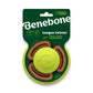 A packaged Benebone Tongue Twister dog puzzle toy featuring brown Treat Pods and a green natural rubber center, labeled “unscrew + pop-in treat pods.” The green packaging displays product information and dog-friendly icons.