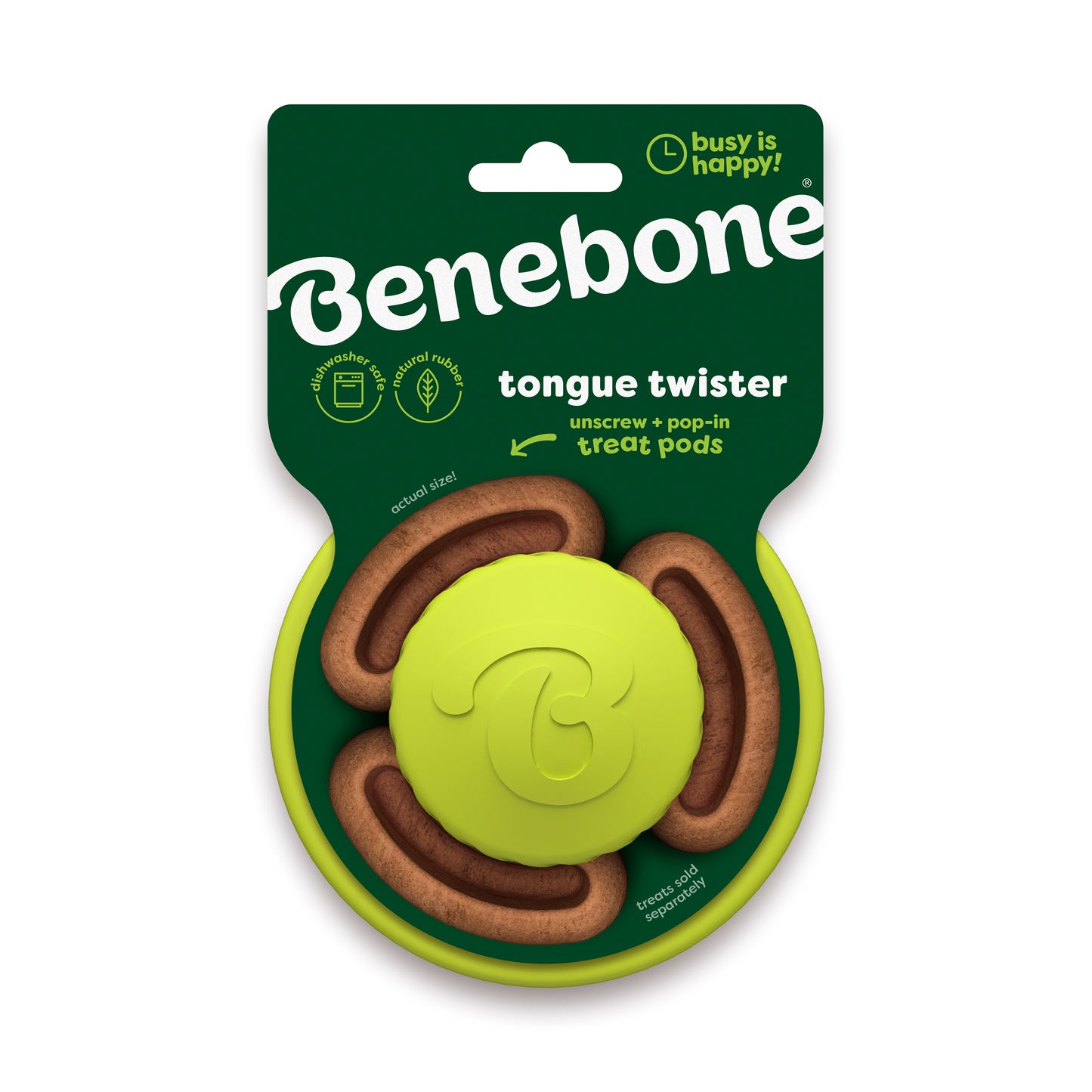 A packaged Benebone Tongue Twister dog puzzle toy featuring brown Treat Pods and a green natural rubber center, labeled “unscrew + pop-in treat pods.” The green packaging displays product information and dog-friendly icons.