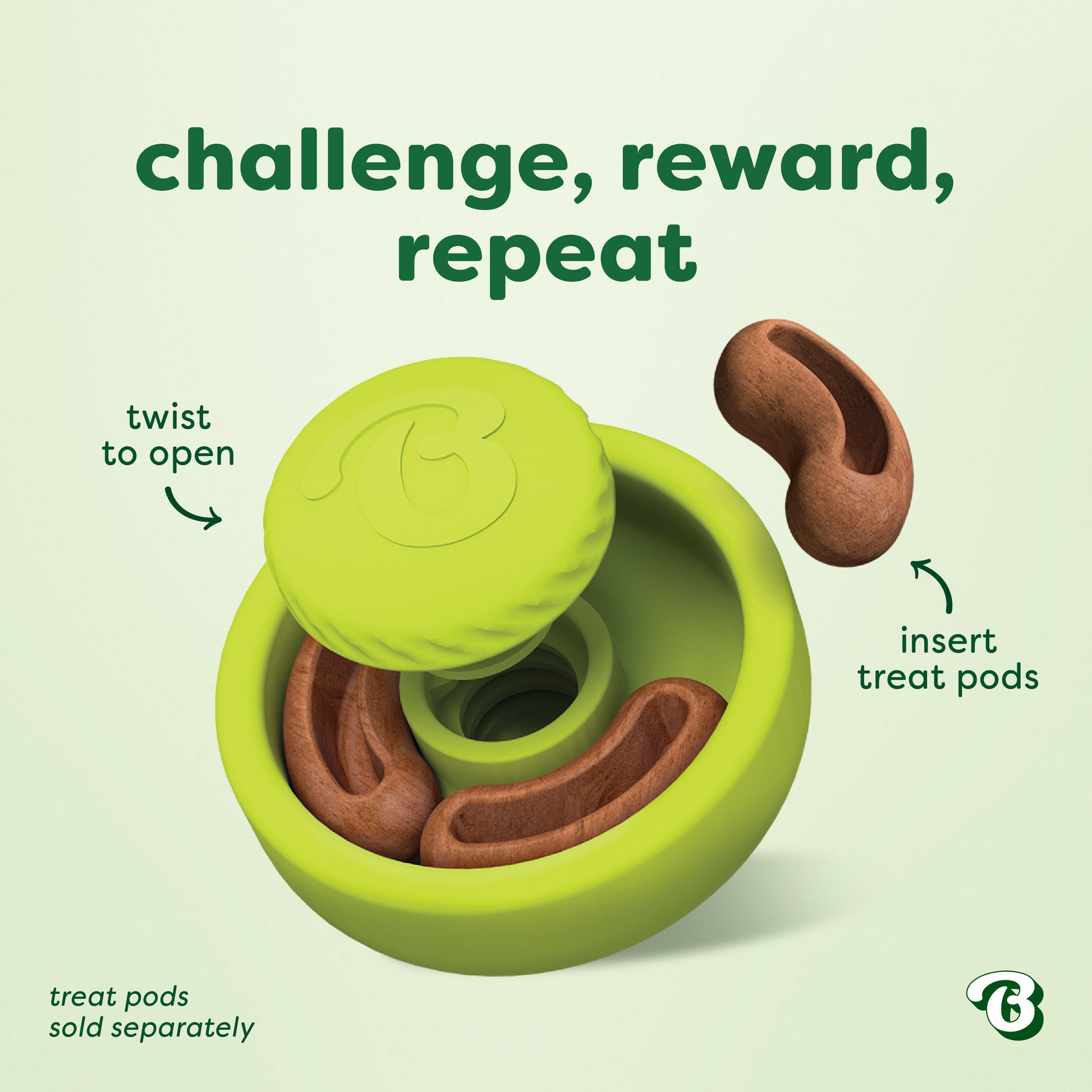 Benebone Tongue Twister green circular puzzle toy with twist-off lid. Brown, curved Benebone Treat Pods are being inserted into this natural rubber dog enrichment toy. Text reads: challenge, reward, repeat and twist to open, insert treat pods. Treat pods sold separately.