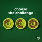 Three green Benebone Tongue Twister puzzle bowls, each filled with Benebone Treat Pods and a variety of treats for dog enrichment, are displayed on a green background. White text above reads "Choose the Challenge." A small Benebone logo appears in the bottom right corner.