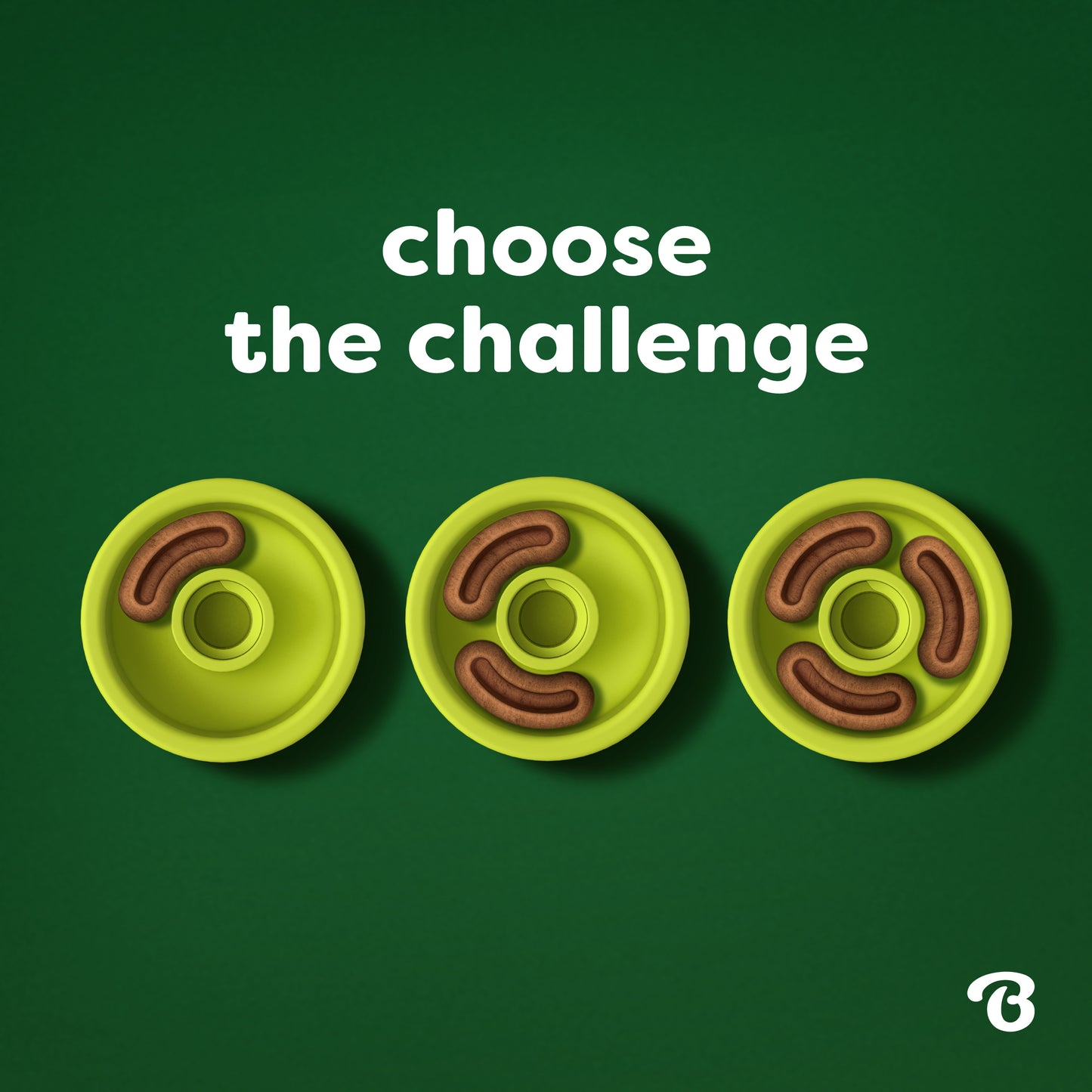 Three green Benebone Tongue Twister puzzle bowls, each filled with Benebone Treat Pods and a variety of treats for dog enrichment, are displayed on a green background. White text above reads "Choose the Challenge." A small Benebone logo appears in the bottom right corner.