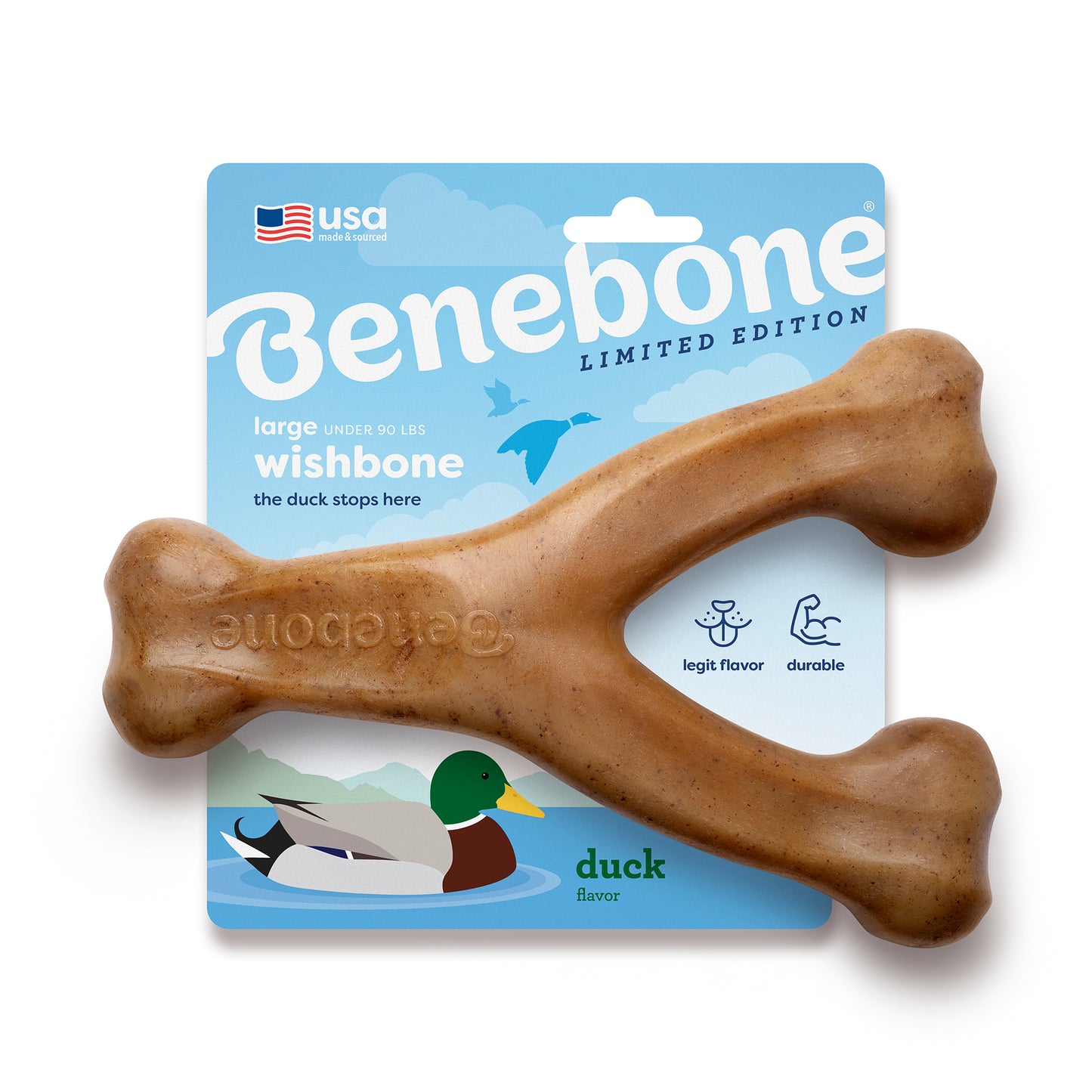 The Limited-Edition Benebone Duck Wishbone. USA Made & Sourced. The Duck Stops Here. For Large Dogs Under 90 Lbs. Shipped in Exclusive Seasonal Packaging.