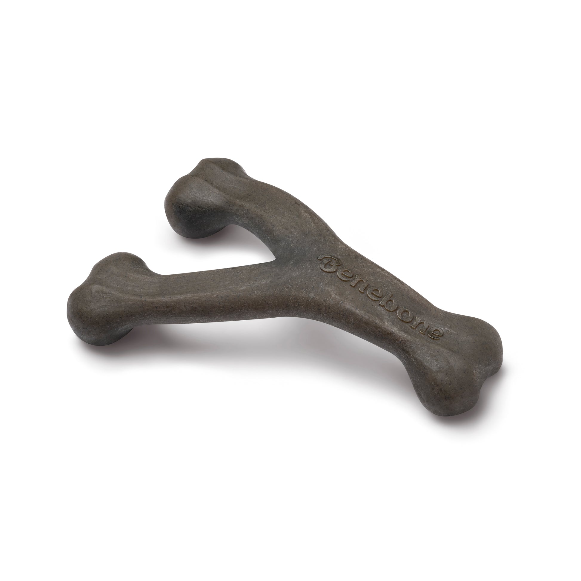 A dark gray, Y-shaped Benebone Pumpkin Spice Wishbone dog chew toy with the brand name embossed on one arm, shown on a white background.