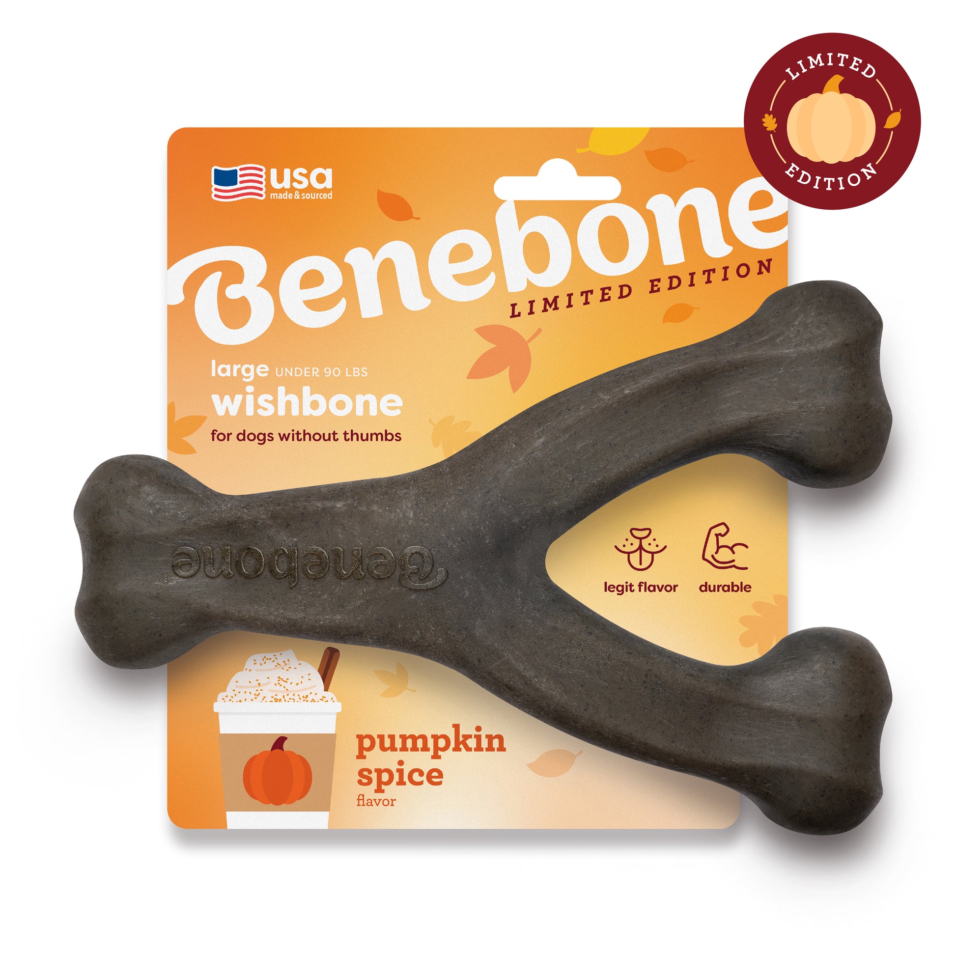 Benebone Pumpkin Spice Wishbone is a limited edition, pumpkin spice-flavored durable chew toy for dogs under 90 lbs, in orange packaging with a pumpkin image and Limited Edition badge.