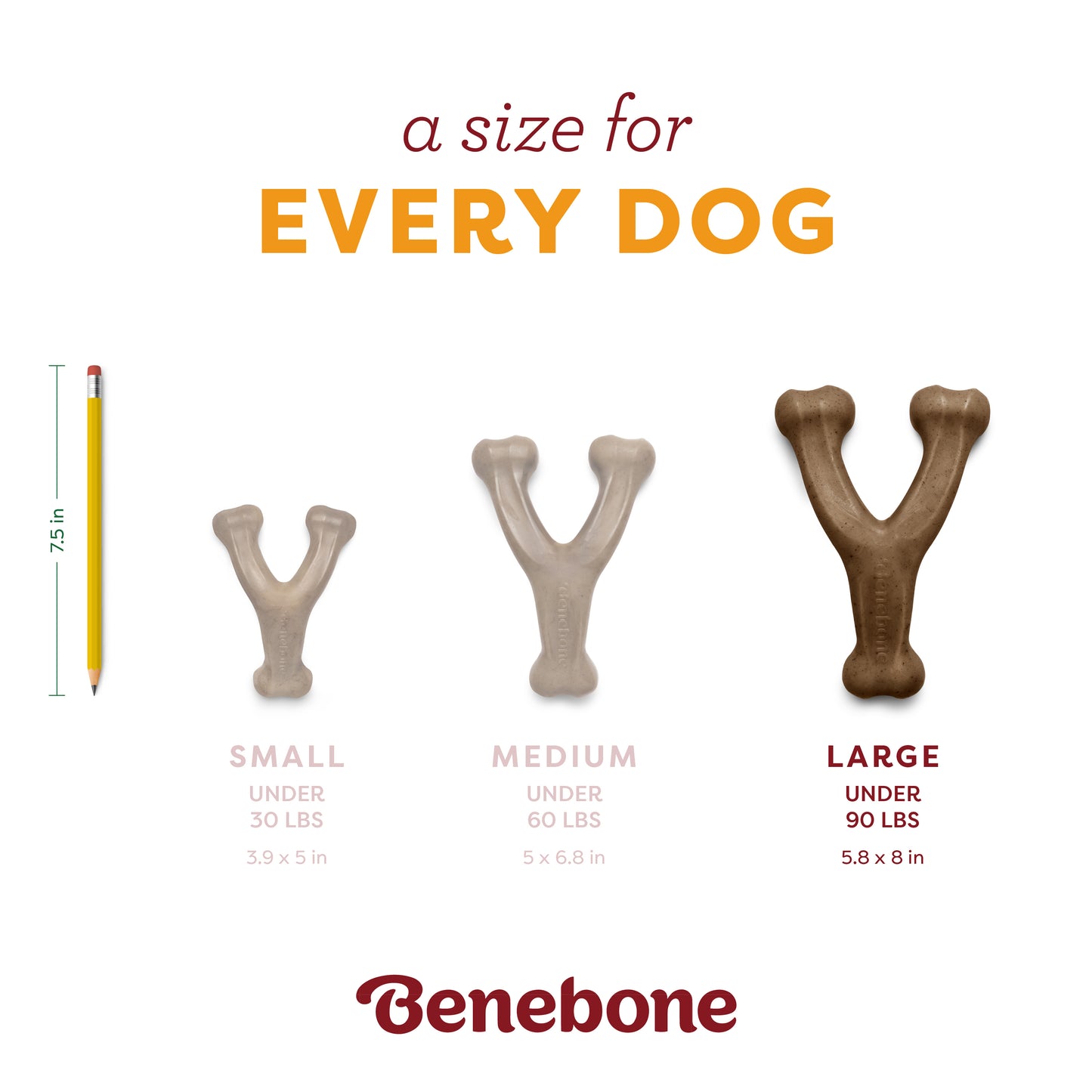 Three Benebone Pumpkin Spice Wishbone chews, including a limited edition, are shown in small (under 30 lbs), medium (under 60 lbs), and large (under 90 lbs) next to a pencil for scale—a size for every dog.