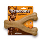 A large, durable Benebone Venison Wishbone dog toy, featuring a Y-shape and venison flavor, is shown in front of its orange packaging with a deer illustration and product details.