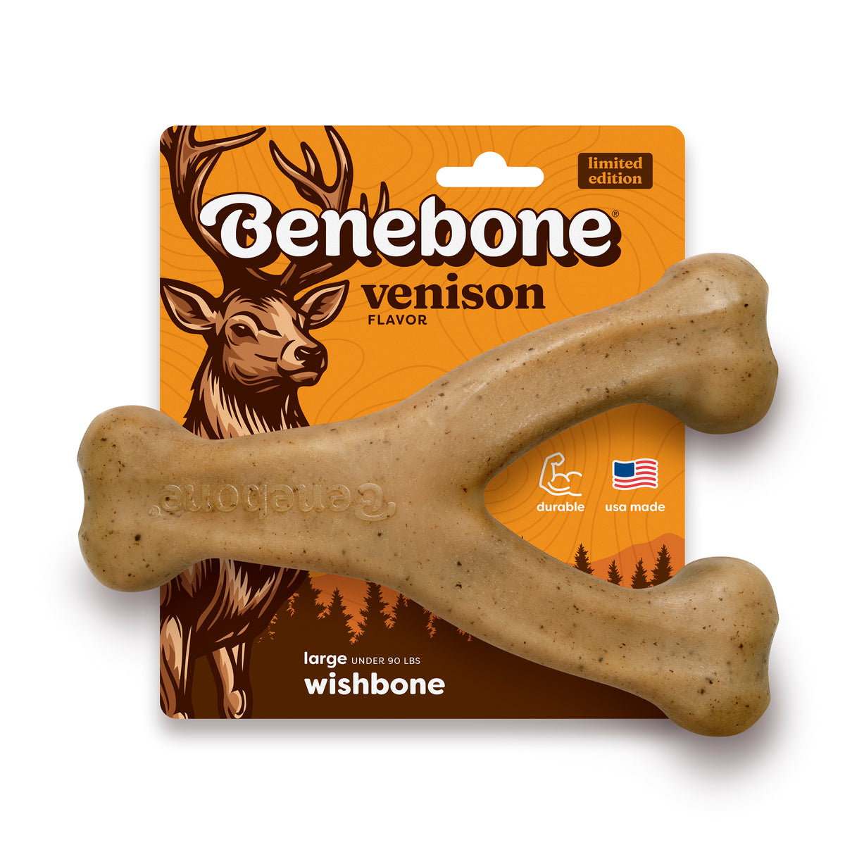 A large, durable Benebone Venison Wishbone dog toy, featuring a Y-shape and venison flavor, is shown in front of its orange packaging with a deer illustration and product details.