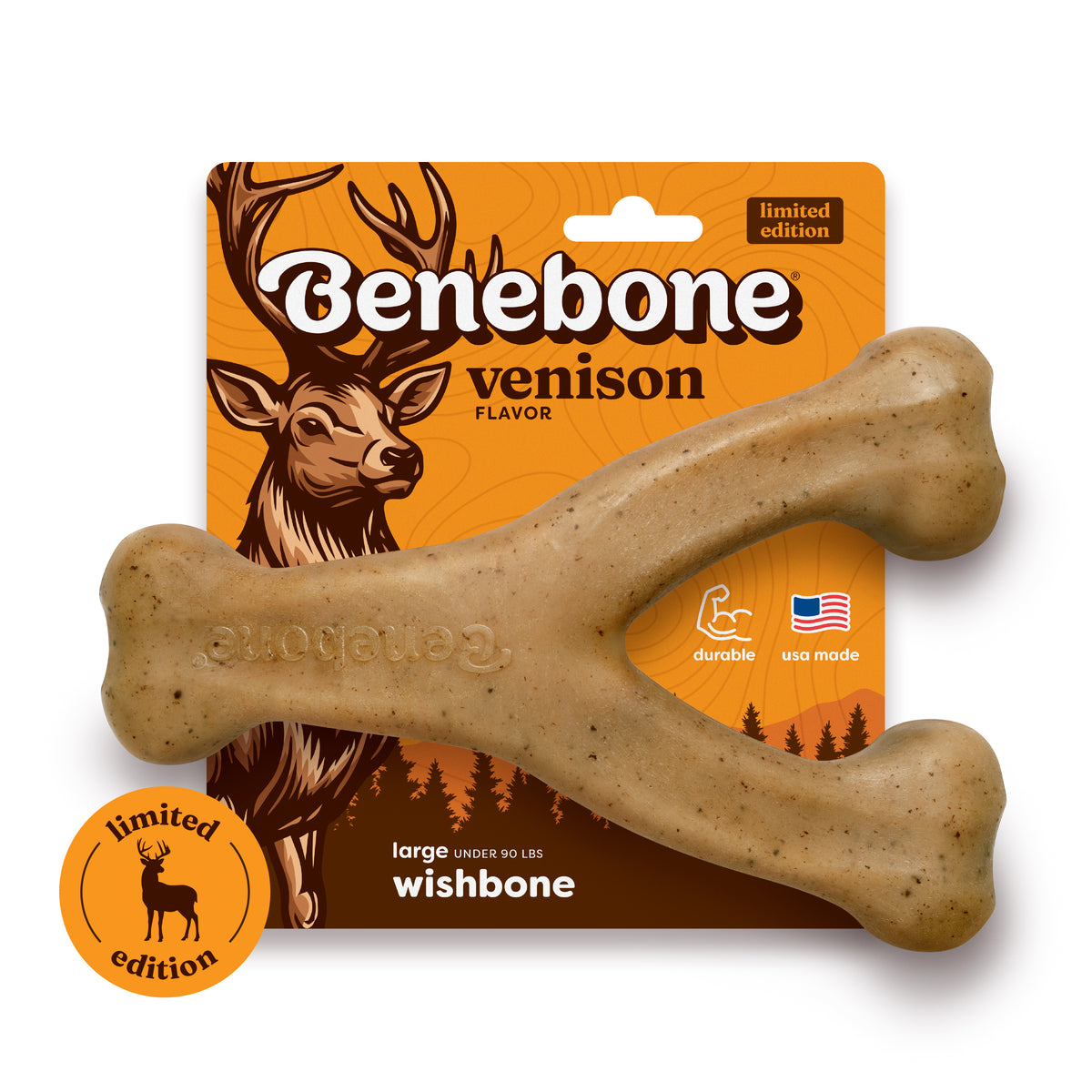 The Benebone Venison Wishbone is a durable, wishbone-shaped dog toy flavored with venison. It comes in orange packaging decorated with a deer illustration, limited edition labels, and icons that highlight its durability and USA-made quality.