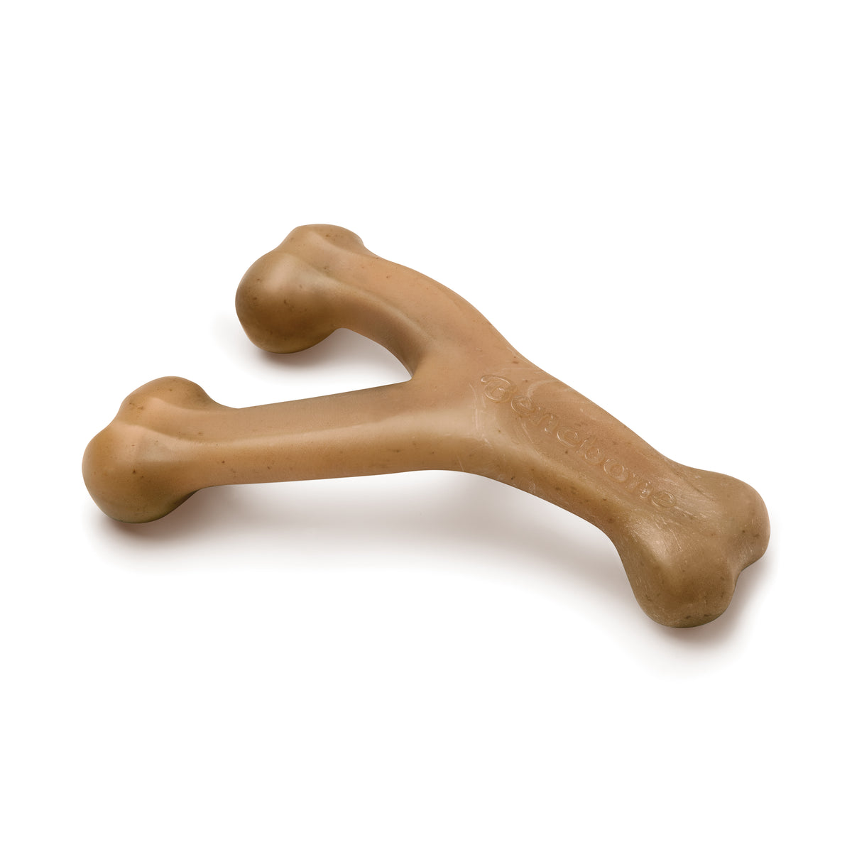 A tan Benebone Venison Wishbone dog chew toy, featuring a Y-shaped design with three rounded ends and made from durable material, is shown lying on a white background.