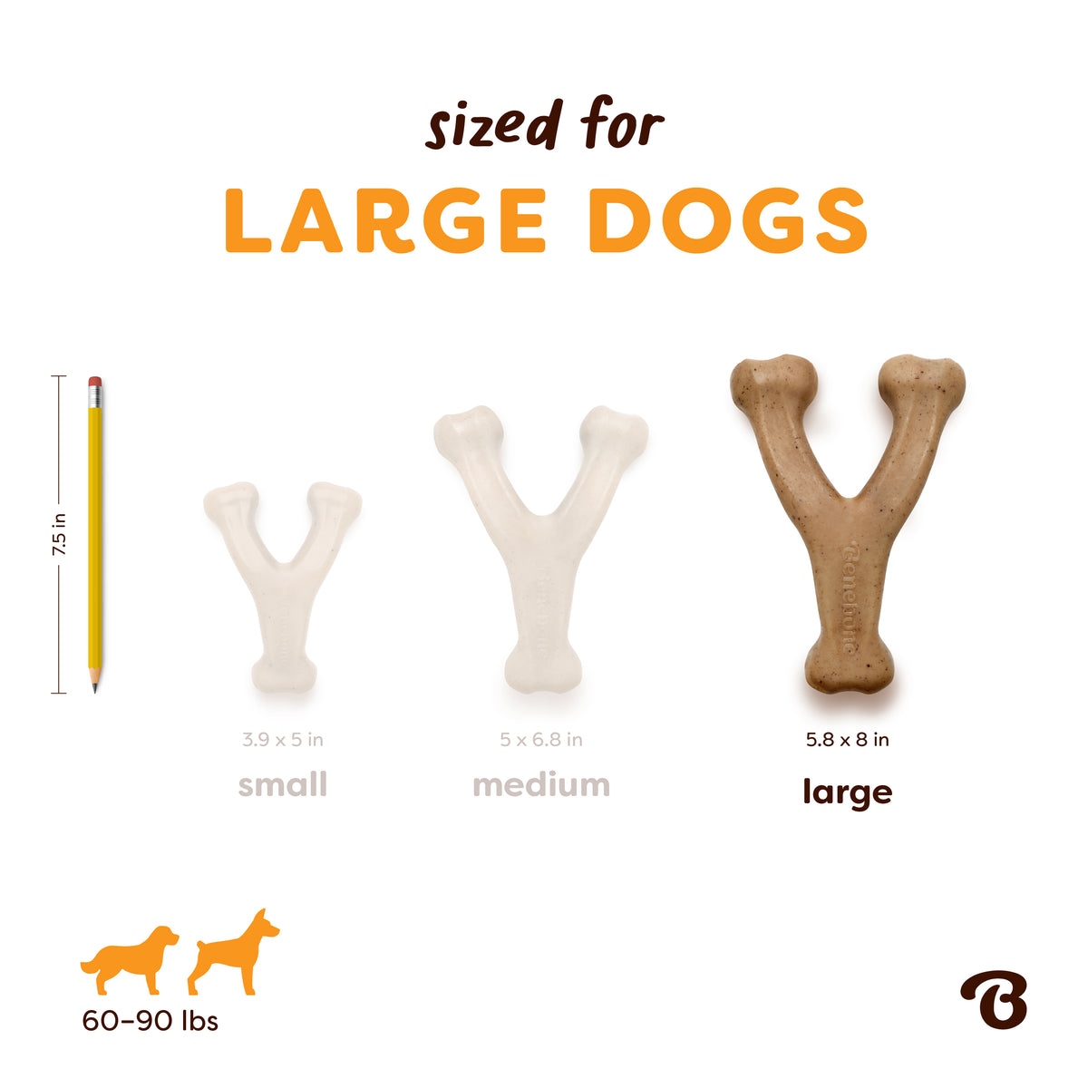 Three Benebone Venison Wishbone dog chews, crafted in a wishbone shape and available in small, medium, and large sizes, are displayed beside a pencil for size reference. The text reads “sized for LARGE DOGS,” highlighting that the large Venison Wishbone is a durable chew toy ideal for dogs weighing 60–90 lbs.