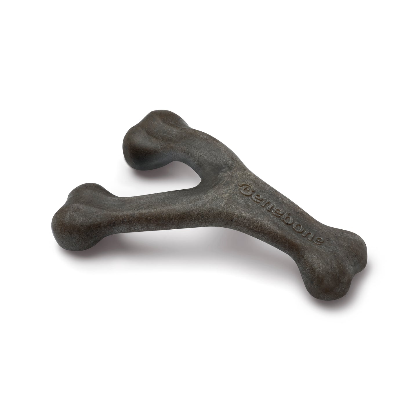 A dark gray Benebone Pumpkin Spice Wishbone dog chew toy with rounded ends and a Y-shaped design, brand name embossed on one arm, shown against a white background.