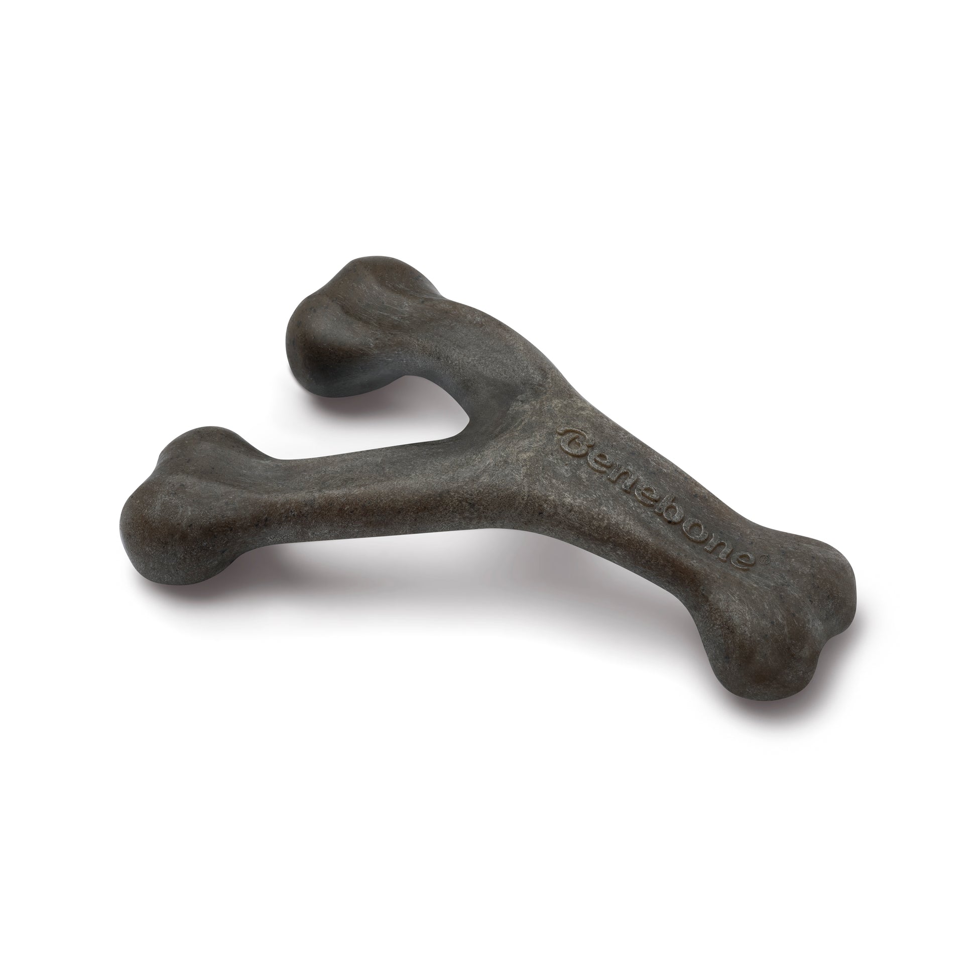A dark gray Benebone Pumpkin Spice Wishbone dog chew toy with rounded ends and a Y-shaped design, brand name embossed on one arm, shown against a white background.
