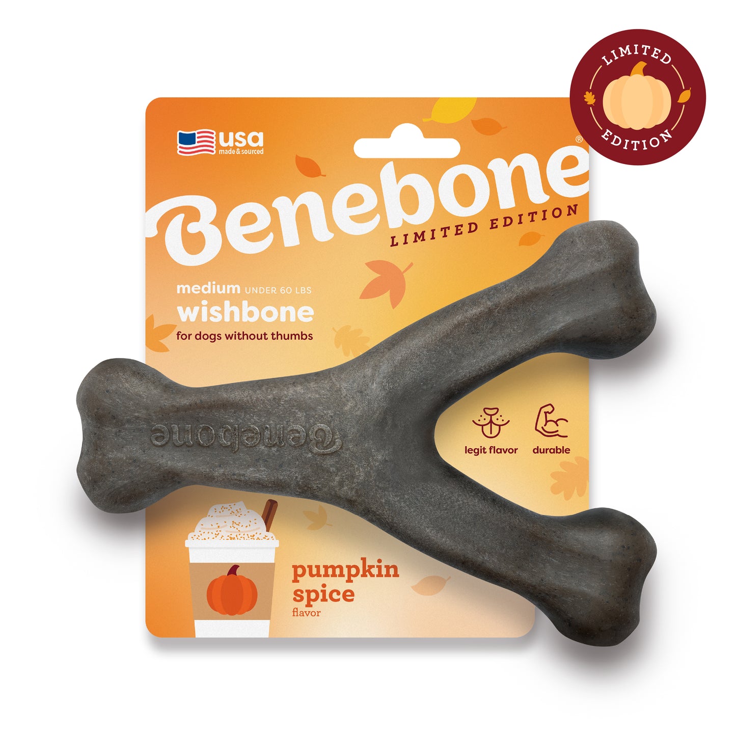 The Benebone Pumpkin Spice Wishbone is a limited-edition dog chew toy, pumpkin spice flavored and ideal for medium dogs under 60 lbs. The festive orange packaging shows fall leaves and a pumpkin for seasonal appeal.