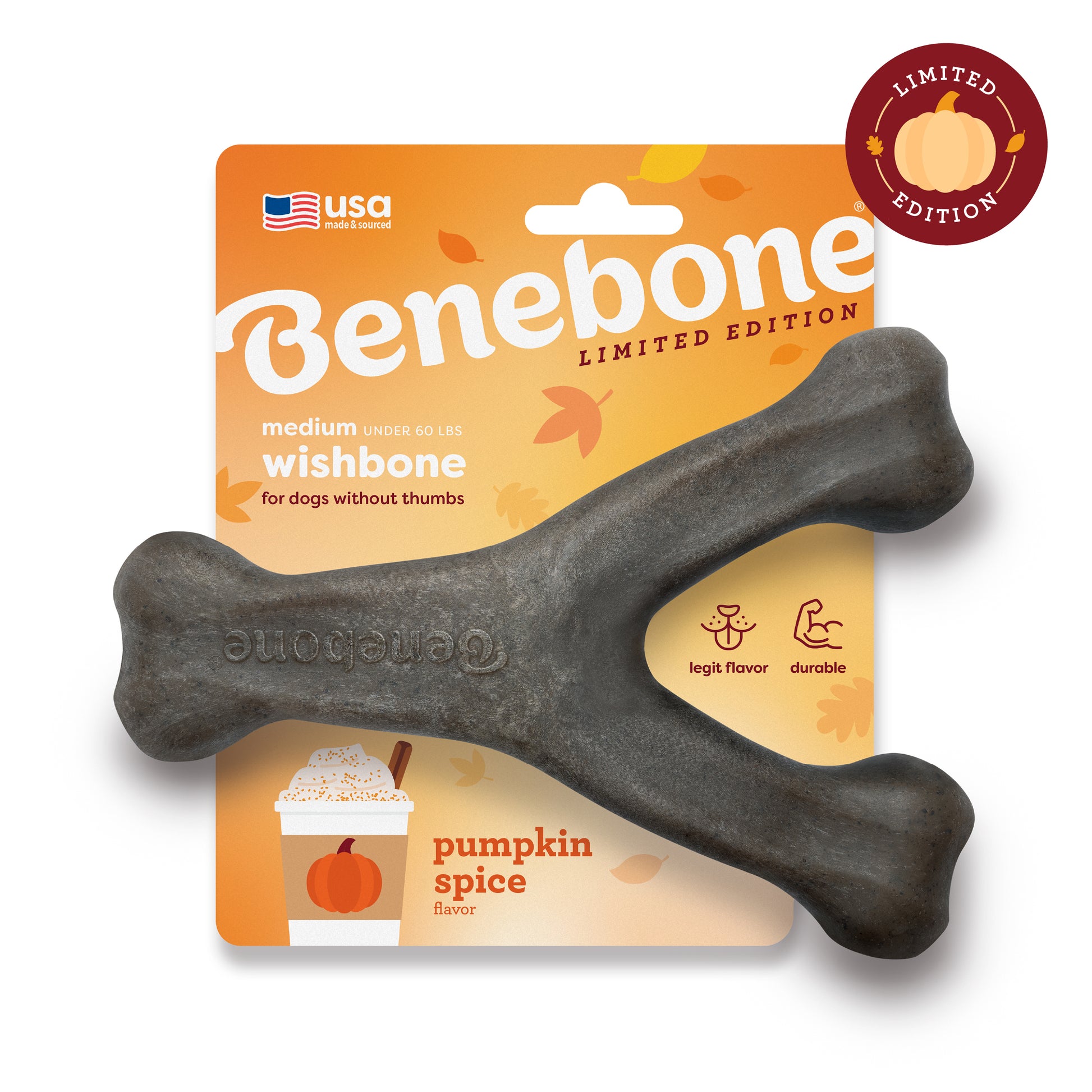 The Benebone Pumpkin Spice Wishbone is a limited-edition dog chew toy, pumpkin spice flavored and ideal for medium dogs under 60 lbs. The festive orange packaging shows fall leaves and a pumpkin for seasonal appeal.
