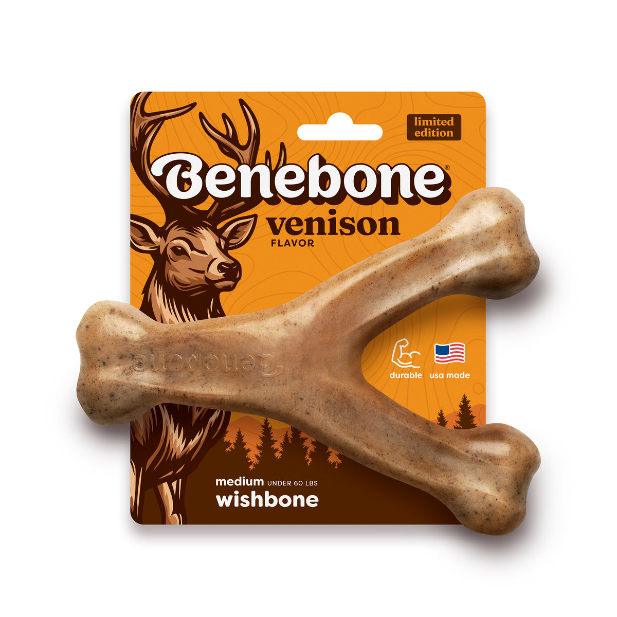 Benebone Venison Wishbone durable dog chew, limited edition and USA made for medium dogs under 60 lbs, shown in front of orange packaging with a deer illustration.