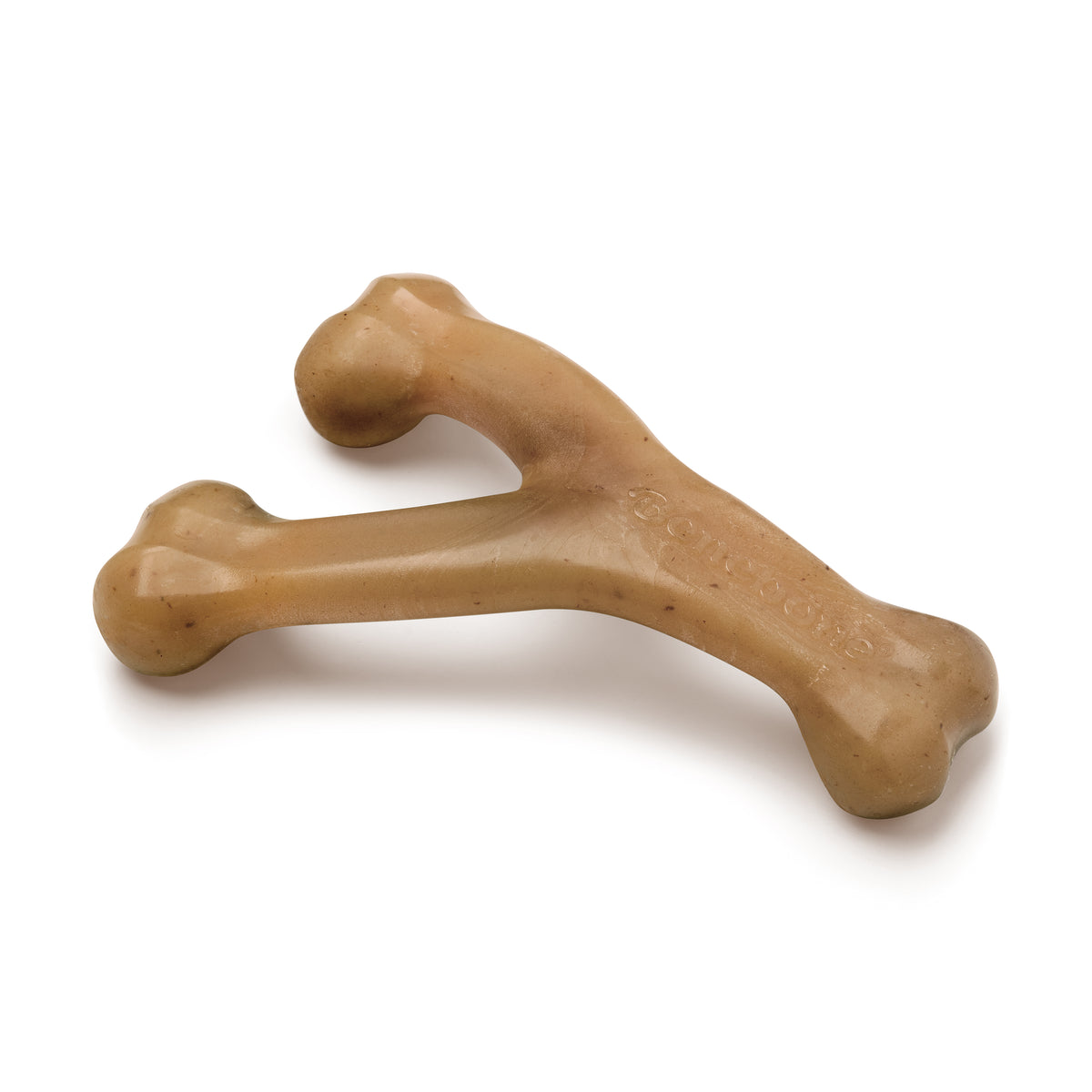 A Benebone Venison Wishbone dog chew, Y-shaped with three rounded ends and a light brown color, is displayed on a white background.