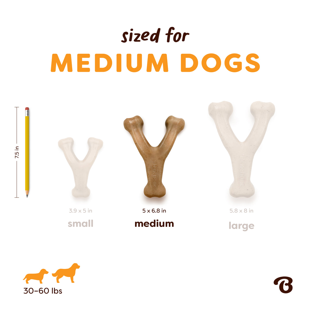 Three Benebone Venison Wishbone chews—in small, medium, and large sizes—are displayed next to a 7.5-inch pencil for scale, with a label reading “Sized for Medium Dogs.” Icons indicate these durable dog toys are ideal for dogs weighing 30–60 lbs.