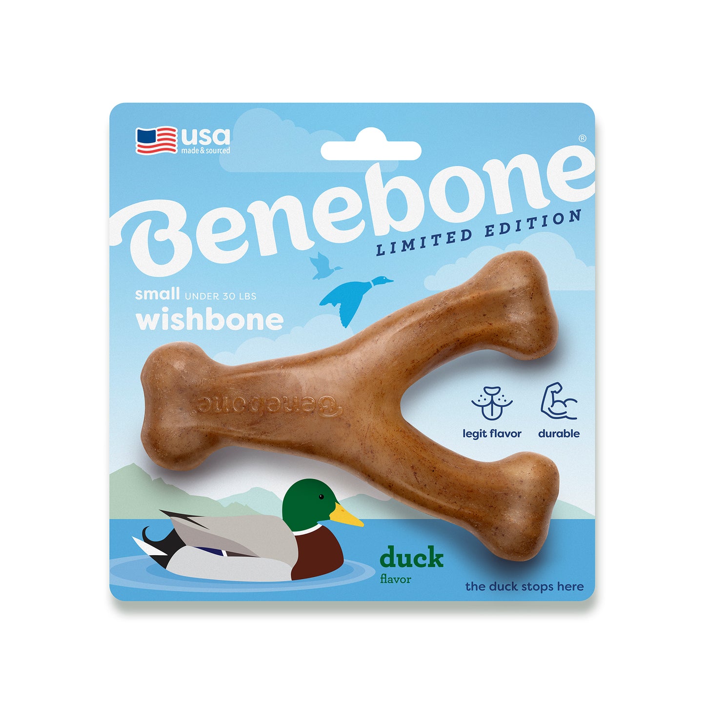 The Limited-Edition Benebone Duck Wishbone. USA Made & Sourced. The Duck Stops Here. For Small Dogs Under 30 Lbs. Shipped in Exclusive Seasonal Packaging.