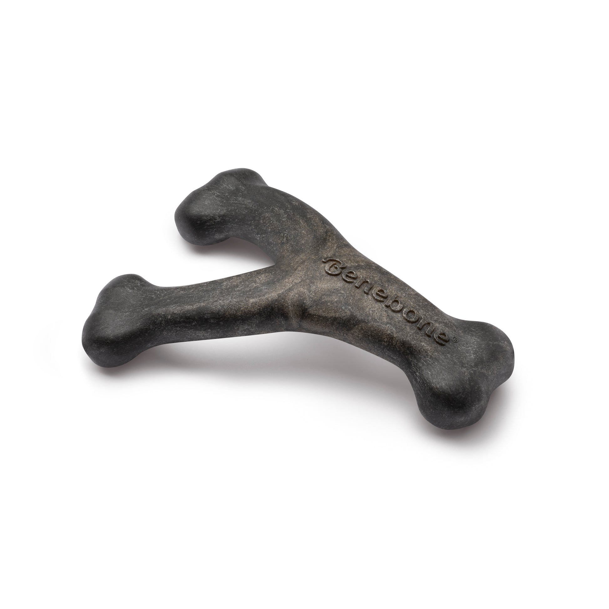 A dark gray, Y-shaped dog chew toy featuring Benebone on one side, inspired by the Pumpkin Spice Wishbone from Benebone, is shown on a white background.