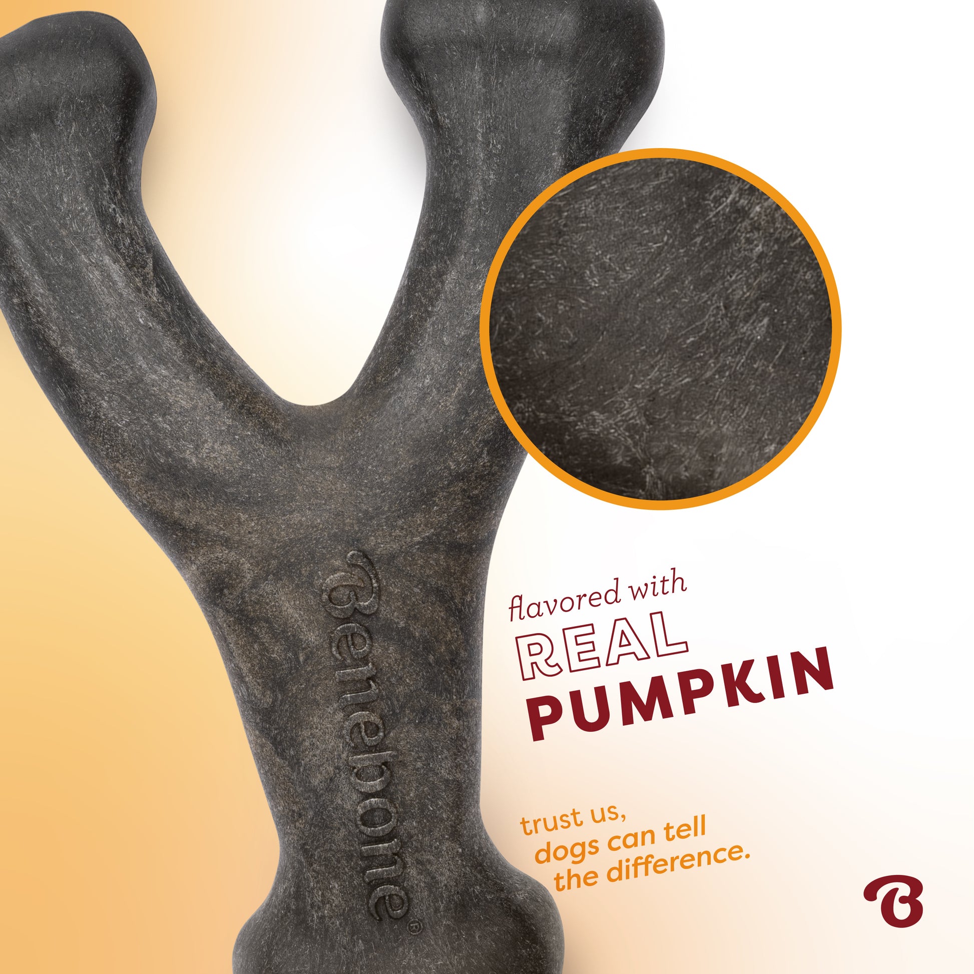 A close-up of Benebone’s Pumpkin Spice Wishbone dog chew toy highlights its texture. Text: Made with real pumpkin—dogs know the difference. The Benebone logo is visible.