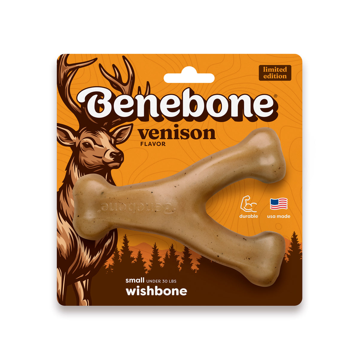 Benebone Venison Wishbone dog chew for small pets, packaged on an orange background featuring a deer illustration, highlights this durable dog toy as USA made and limited edition.