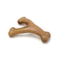 A beige, Y-shaped Benebone Venison Wishbone dog chew with rounded ends lies on a white background, making it a durable and long-lasting dog toy.