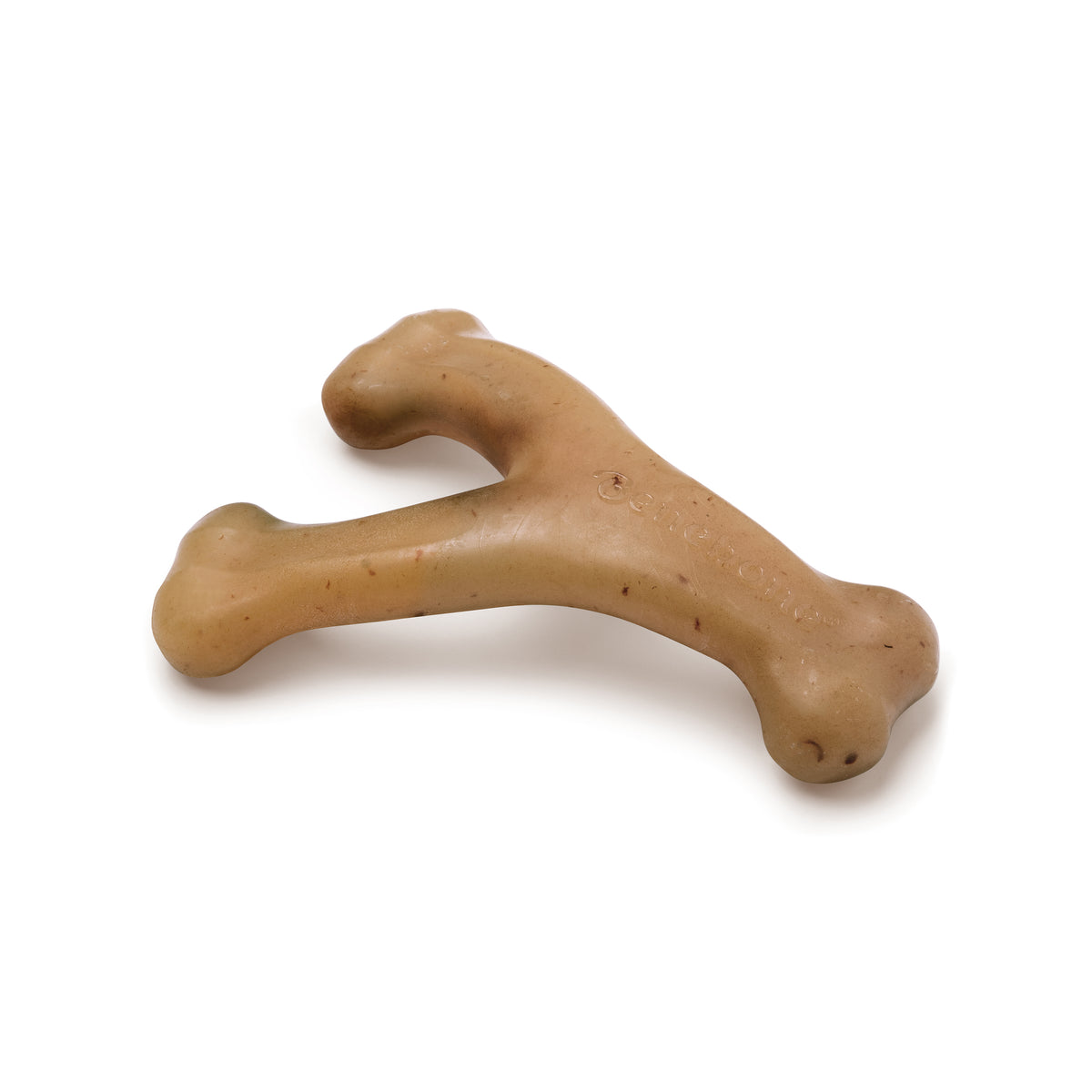A beige, Y-shaped Benebone Venison Wishbone dog chew with rounded ends lies on a white background, making it a durable and long-lasting dog toy.