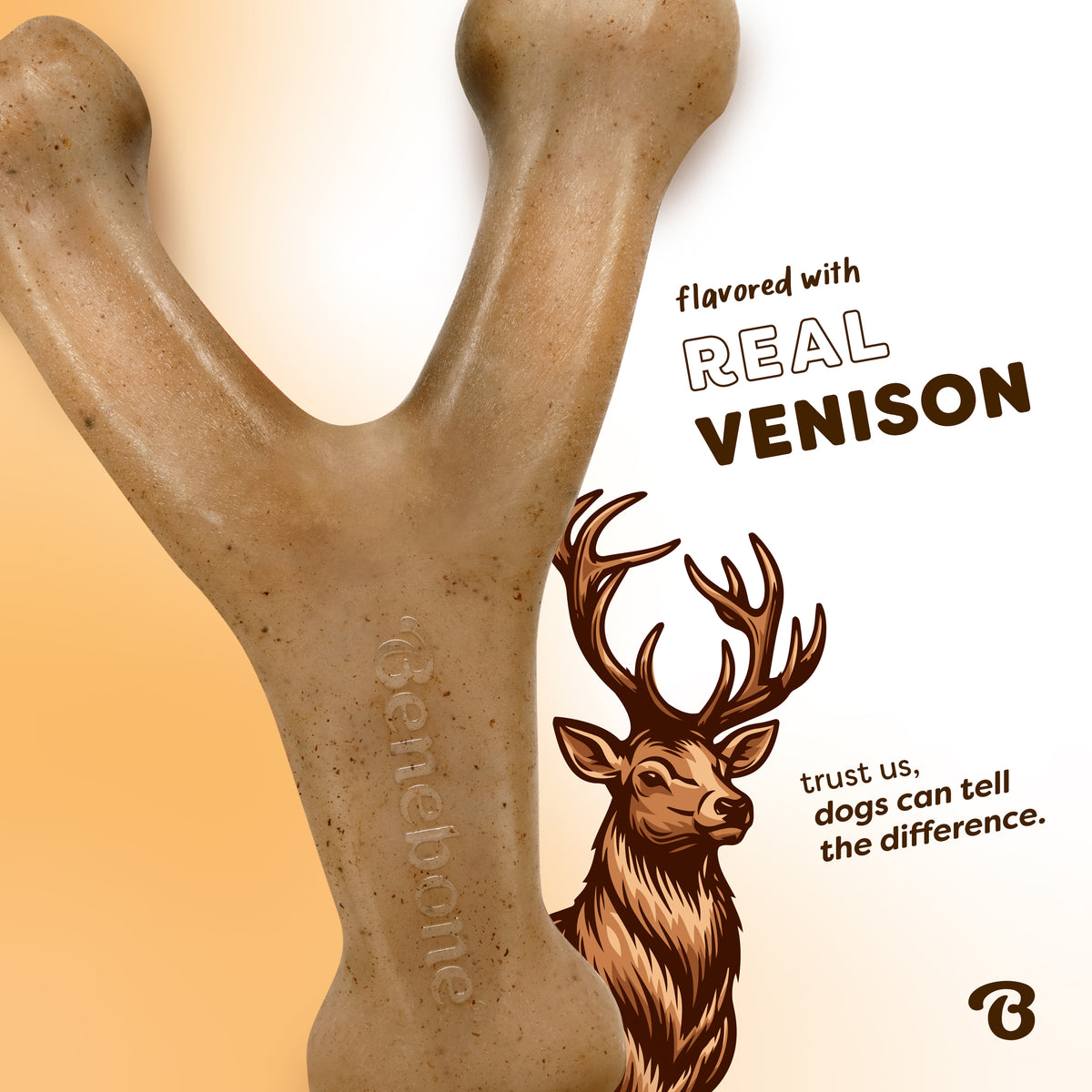 A Benebone Venison Wishbone dog chew toy with the text “flavored with REAL VENISON—trust us, dogs can tell the difference” appears next to an illustrated deer. This durable chew is designed for lasting satisfaction for your dog.