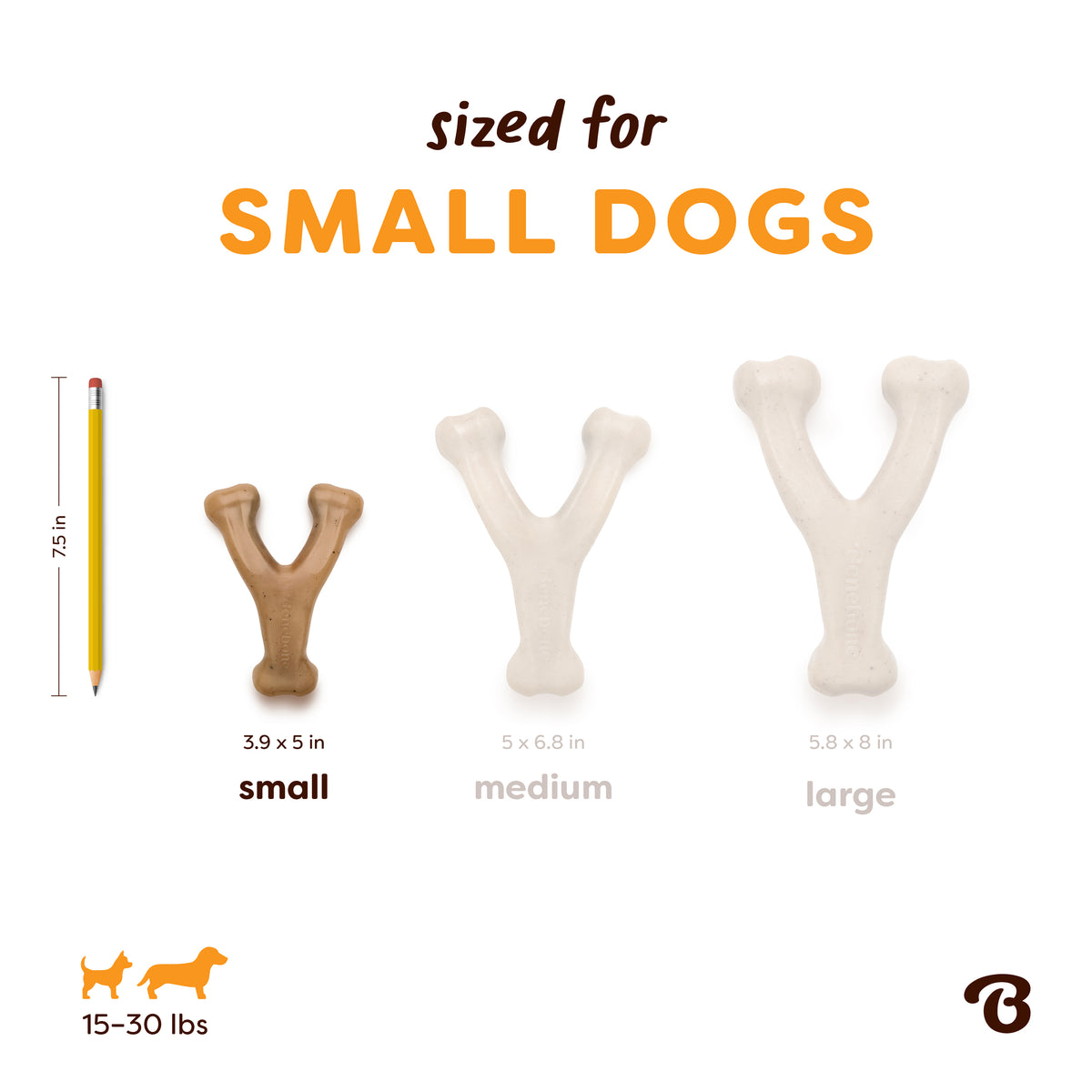 Three Benebone Venison Wishbone dog chews in small, medium, and large sizes are displayed beside a pencil for scale. The text highlights that these durable dog toys are ideal for small dogs weighing 15–30 lbs.