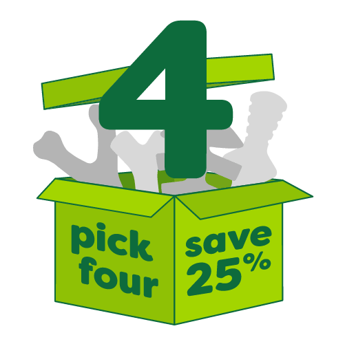 A green box filled with Benebone dog toys, featuring a large green number 4 above it, and text reading “Build a Box: Pick Four – Save 25%.”.
